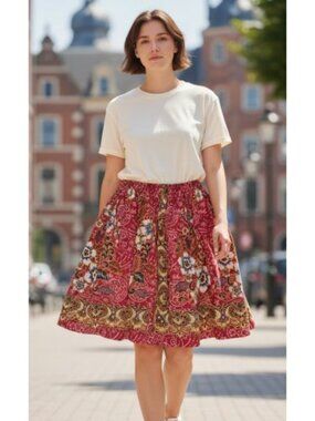 Hand Crafted Red Floral Print Boho Style Skirt Girls Size 8
